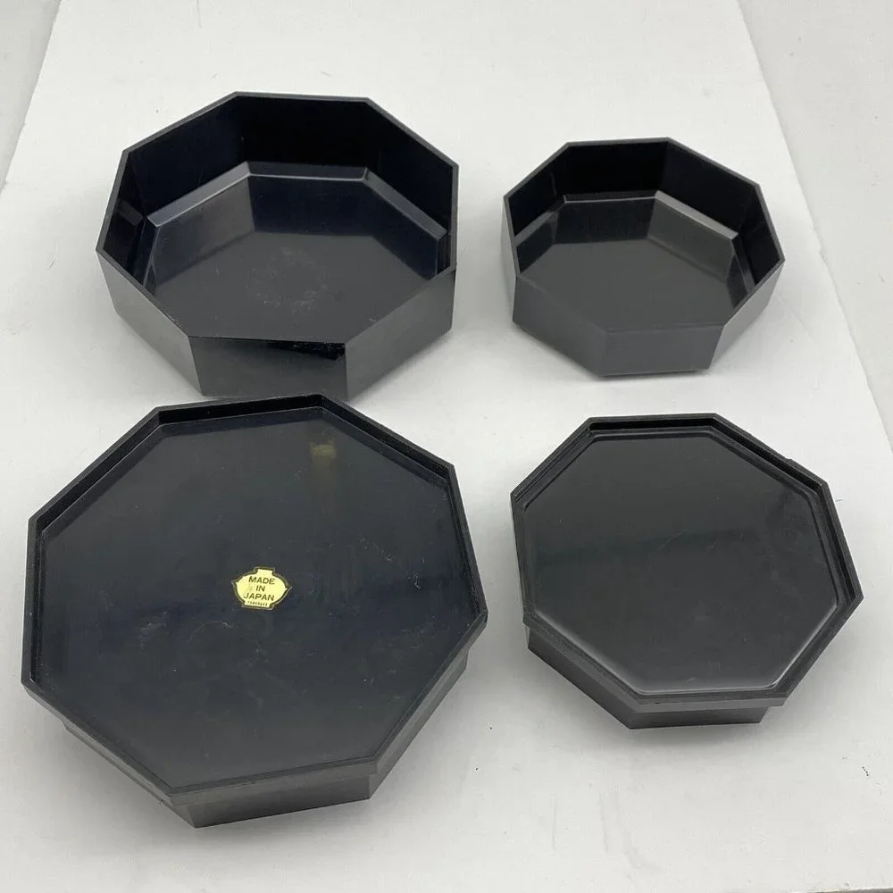 VTG‎ Yamanaka Japan Lacquerware Nesting Boxes Black Floral Trinket 2pc 70s *flaw